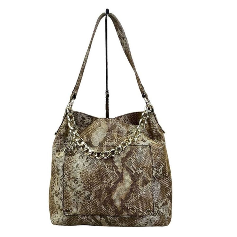 Antonio Melani Brown Tan Leather Snakeskin Studded Chain Handle Hobo Handbag